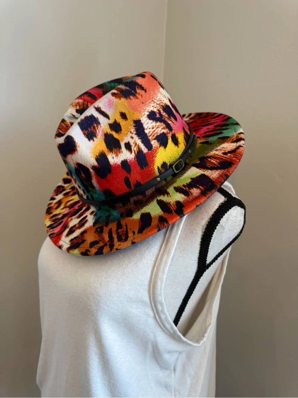 Multicolor Leopard Print Fedora Hat Adjustable Wide Brim Boho Festival One Size
